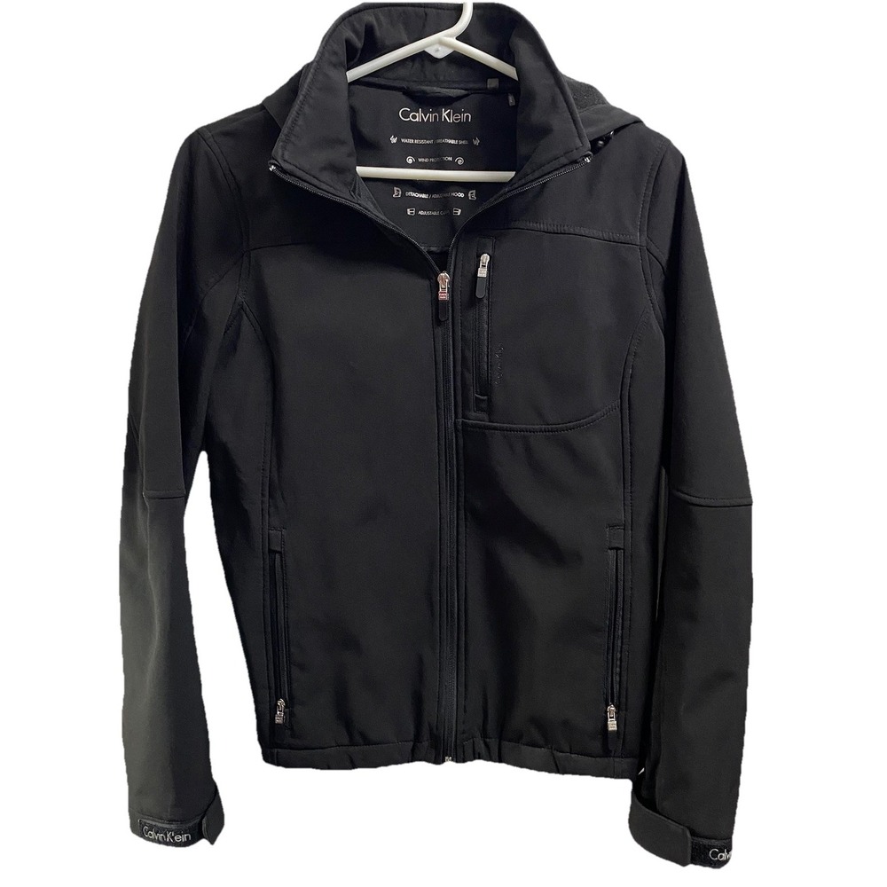 Calvin Klein Womens Full Zip Black Jacket Detachable Hood, Zip Pockets Sz. S EUC